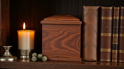 Wooden urn and candle on bookshelf with brown leather books