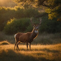 Create a serene landscape featuring a majestic red deer standing gracefully in a sunlit meadow during early morning. 