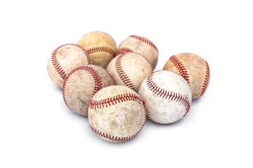 Group of old worn real baseball leather balls for play and training isolated on white background.