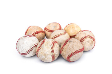 Group of old worn real baseball leather balls for play and training isolated on white background.