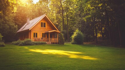 Fototapeta premium Wood house in forest or garden. Forester shack. Vector cartoon summer landscape of wooden village, cottage or farmhouse with porch, green lawn, big trees and sun light