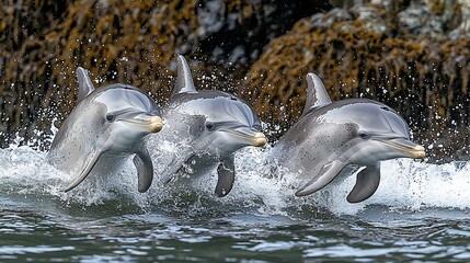 Obraz premium Three dolphins leaping from the ocean.