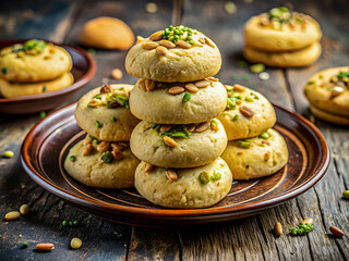 Tasty Indian cookies decorated with cardamom and pistachios. Delicious Food background