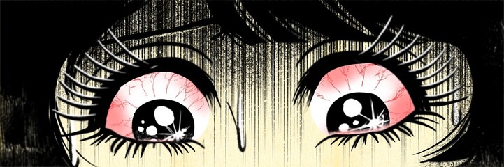 動揺して怯える少女の昭和ホラー漫画風ヘッダーイラスト