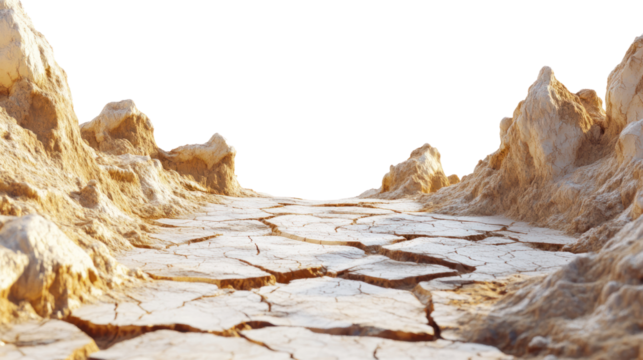 A barren landscape with cracked earth and rough terrain, showcasing the effects of drought and lack of water in a dramatic natural setting.