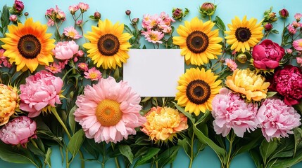 Naklejka premium Vibrant Bunch of Colorful Flowers with a Blank Card on a Rustic Wooden Table Evoking Warmth and Cheerfulness Ideal for Celebrations Birthdays or Expressing Affection in a Natural Setting