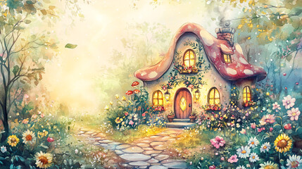 Obraz premium Fairytale plasticine mushroom house in a magical forest, A magical village features an enchanted cottage adorned with bountiful flowers, abstract background with colorful flowers and house.