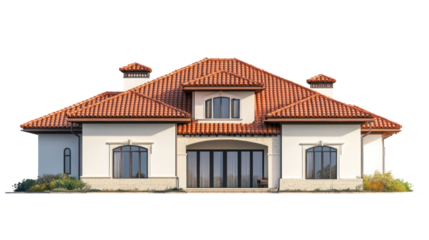 A beautiful modern house with a red roof, front garden, and large windows, showcasing elegant architectural design against a white background.