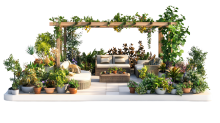 A beautifully arranged outdoor seating area adorned with various plants and flowers, perfect for relaxation and leisure.