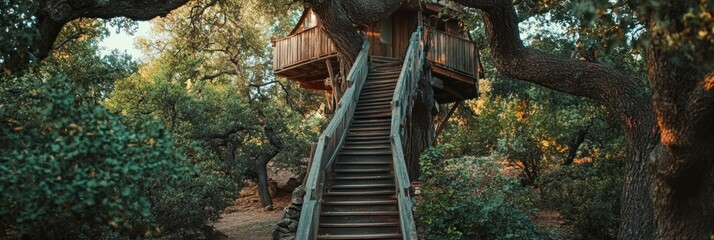 Elevated wooden treehouse with staircase nestled amidst lush green forest canopy