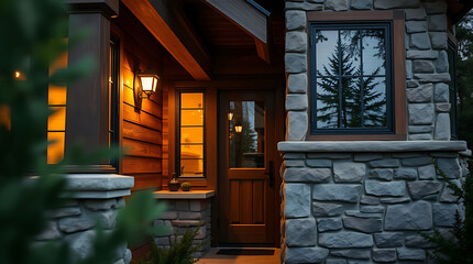 Modern Rustic House Exterior at Night: Stone and Wood Design. Warm Lighting, Cozy Entrance. Real Estate Photography