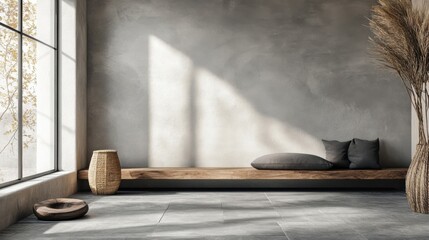 a room with a bench and a window