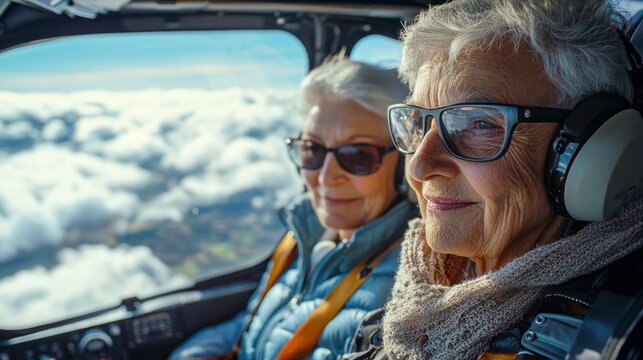 Two adventurous seniors share a joyful moment in the cockpit, marveling at the stunning scenery beneath a blanket of fluffy clouds. Their smiles radiate excitement during the journey