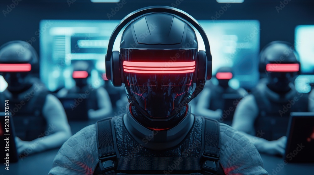Poster futuristic operators with digital visors in control room