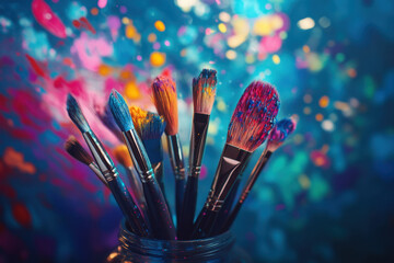 Colorful collection of art brushes in jar, surrounded by vibrant splashes of paint, creating inspiring atmosphere for creativity and artistic expression