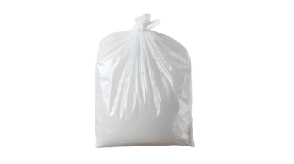 A clean, white trash bag filled with waste, symbolizing cleanliness and environmental responsibility on a white isolated background.