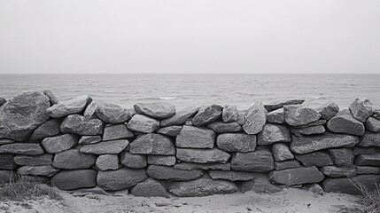 Stacked boulders create a low stone wall by the shore