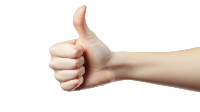 A close-up of a hand giving a thumbs up gesture, symbolizing approval and positivity, isolated on a white background.