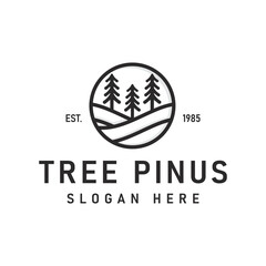 Silhouette Three Pine Trees Similar to Spruce. Wavy Hills Forest Classic Vintage Logo Design Line Art Vector Design