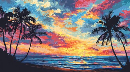 Vibrant Tropical Sunset: Palm Trees Silhouetted Against a Colorful Sky