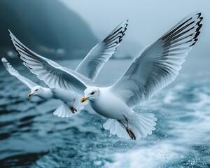 Obraz premium Two seagulls in flight over ocean waves.