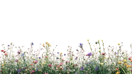 A colorful field of wildflowers in various hues, creating a vibrant natural scenery against a white background.