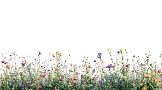 A colorful field of wildflowers in various hues, creating a vibrant natural scenery against a white background.