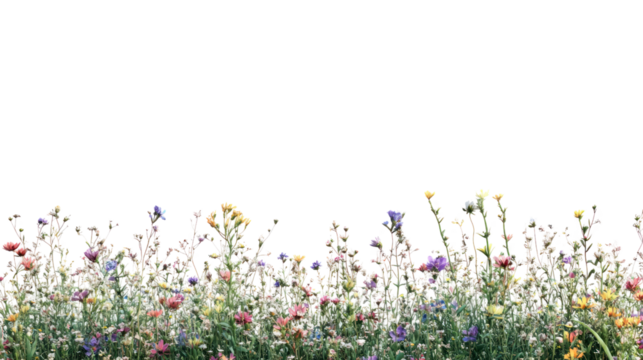 A colorful field of wildflowers in various hues, creating a vibrant natural scenery against a white background.