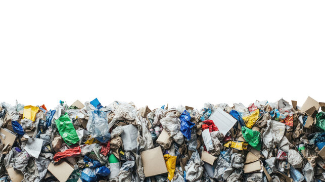 A colorful heap of recyclable waste materials, showcasing plastic, paper, and metal items in a mixed composition against a white background.