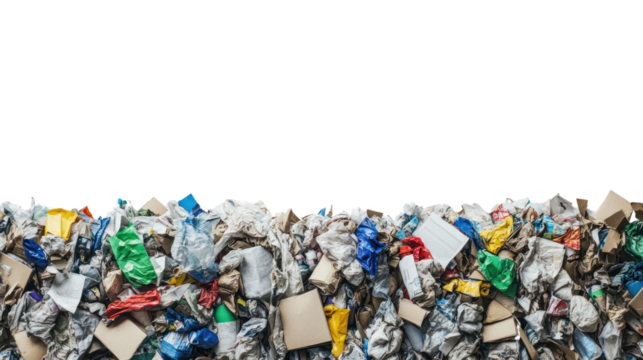 A colorful heap of recyclable waste materials, showcasing plastic, paper, and metal items in a mixed composition against a white background.