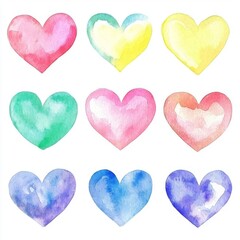 Fototapeta premium Colorful Watercolor Hearts in Various Shades and Patterns for Creative and Artistic Use