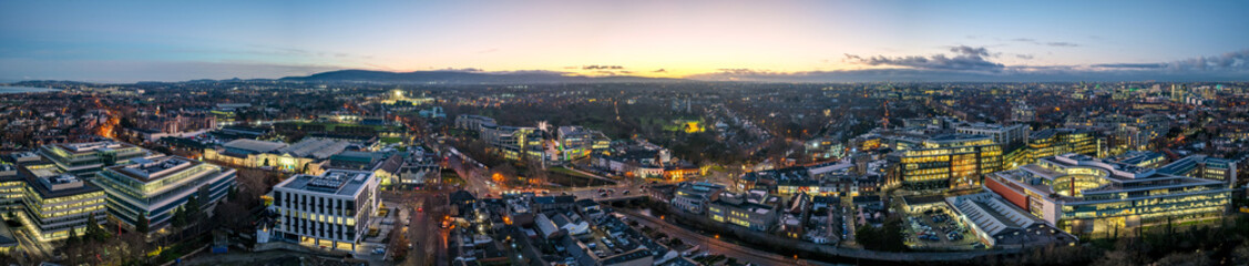 Panoramic, aerial view of Ballsbridge at sunset, Dublin, Ireland