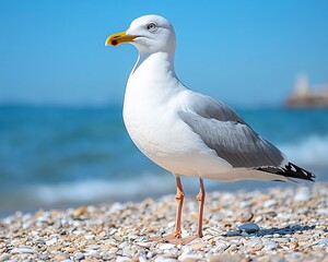 Naklejka premium Seagull standing on pebble beach near ocean.