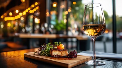 Elegant restaurant setting with grilled fish, fresh herbs, and a glass of white wine, capturing a serene and romantic ambiance.