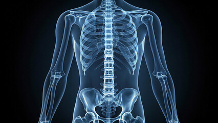 detailed X-ray image of the human skeletal system highlighting the spine and pelvis.