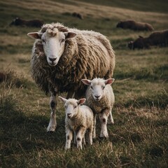 Obraz premium A mother sheep and her lamb walking together.