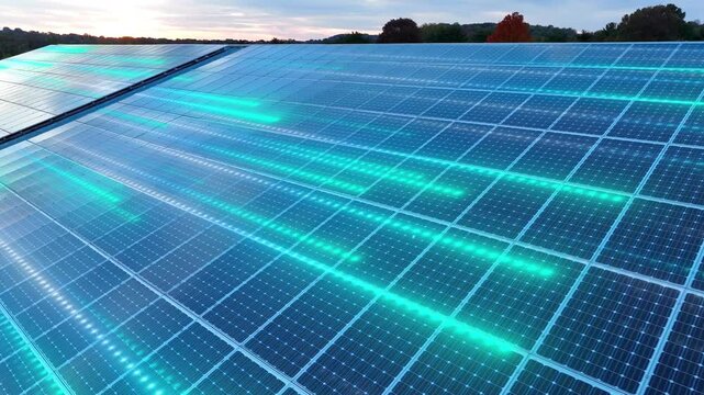 Solar panels with 3d animation of power flowing through photovoltaic cells. Aerial during sunset.