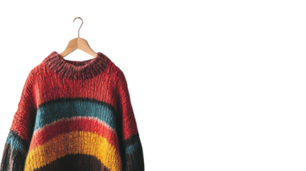 A cozy, colorful knitted sweater hanging on a wooden hanger, featuring vibrant stripes against a clean, isolate background.