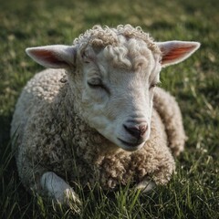 A lamb sleeping peacefully in the grass.