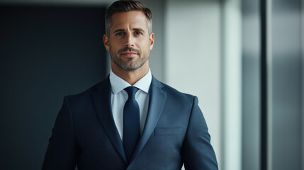 Fototapeta premium confident man in tailored suit stands in modern office setting, exuding professionalism and charisma. His well groomed appearance and poised demeanor reflect success and ambition