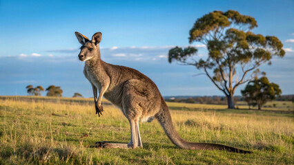 majestic kangaroo leaps through the golden Australian outback, showcasing its power and grace."