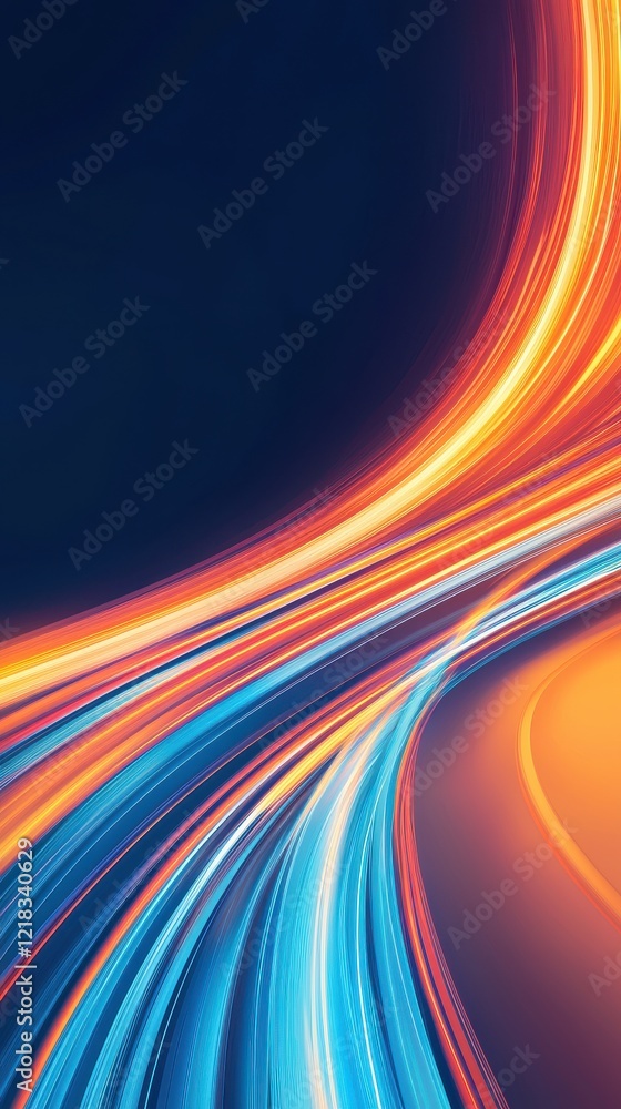 Poster dynamic light trails racing across dark background abstract art angular designs intense glow digital