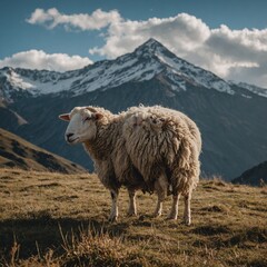 Obraz premium A sheep in front of a mountain backdrop.
