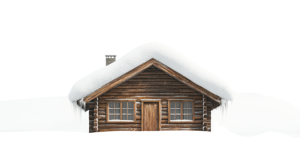 A cozy wooden cabin with a snow-covered roof, showcasing rustic charm against a bright white background.
