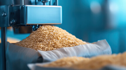 rice grains being packed into branded bags with an automated sealing machine.