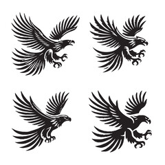 4 set of black Vector Silhouette of the Flying Golden Eagle Isolated on White Background