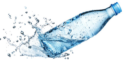 A dynamic splash of water from a plastic bottle, captured in motion against a white isolate background.