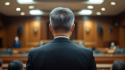 Fototapeta premium man in suit stands in courtroom, facing away from camera, with gray hair and serious demeanor. setting conveys sense of authority and formality