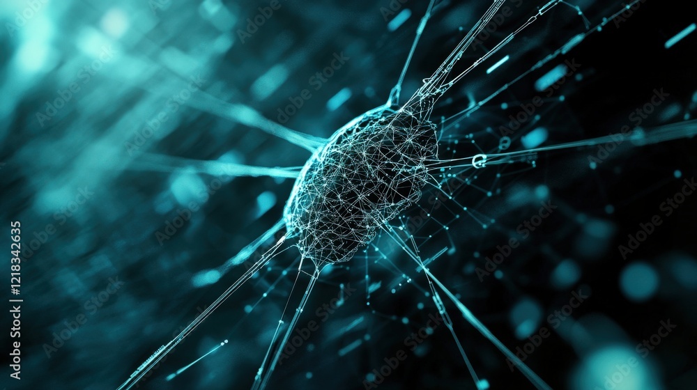 Aufkleber Abstract representation of a cell with interconnected structures, showcasing intricate details and a vibrant blue color palette against a dark background, symbolizing biological processes.