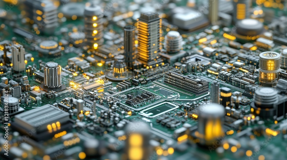 Poster Detailed View of a Modern Microchip Cityscape with Glowing Lights Represents Technological Advancement and Innovation in Electronics and Computer Engineering